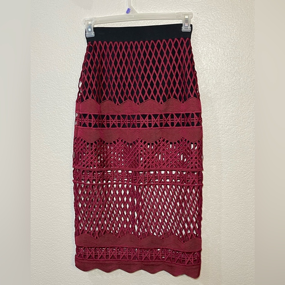 Self-portrait lace cut out pencil skirt burgundy and black size 6